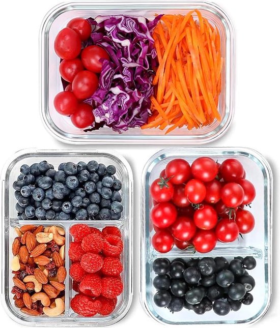 Glass container meal prep boxes with lid - 3 compartments (3 pieces ...