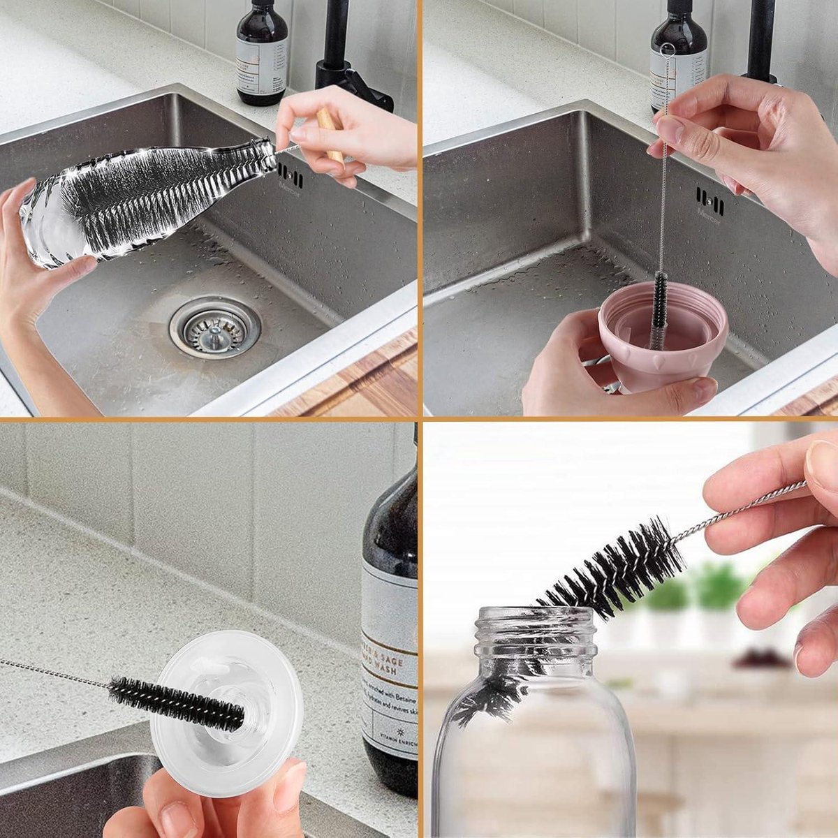 Realjoy Reinigingsborstelset voor flessen, 6 stuks, met 6 haken, rietjesborstel, reinigingsborstel voor flessen, glazen, thermoskannen, rietjes en theepotten