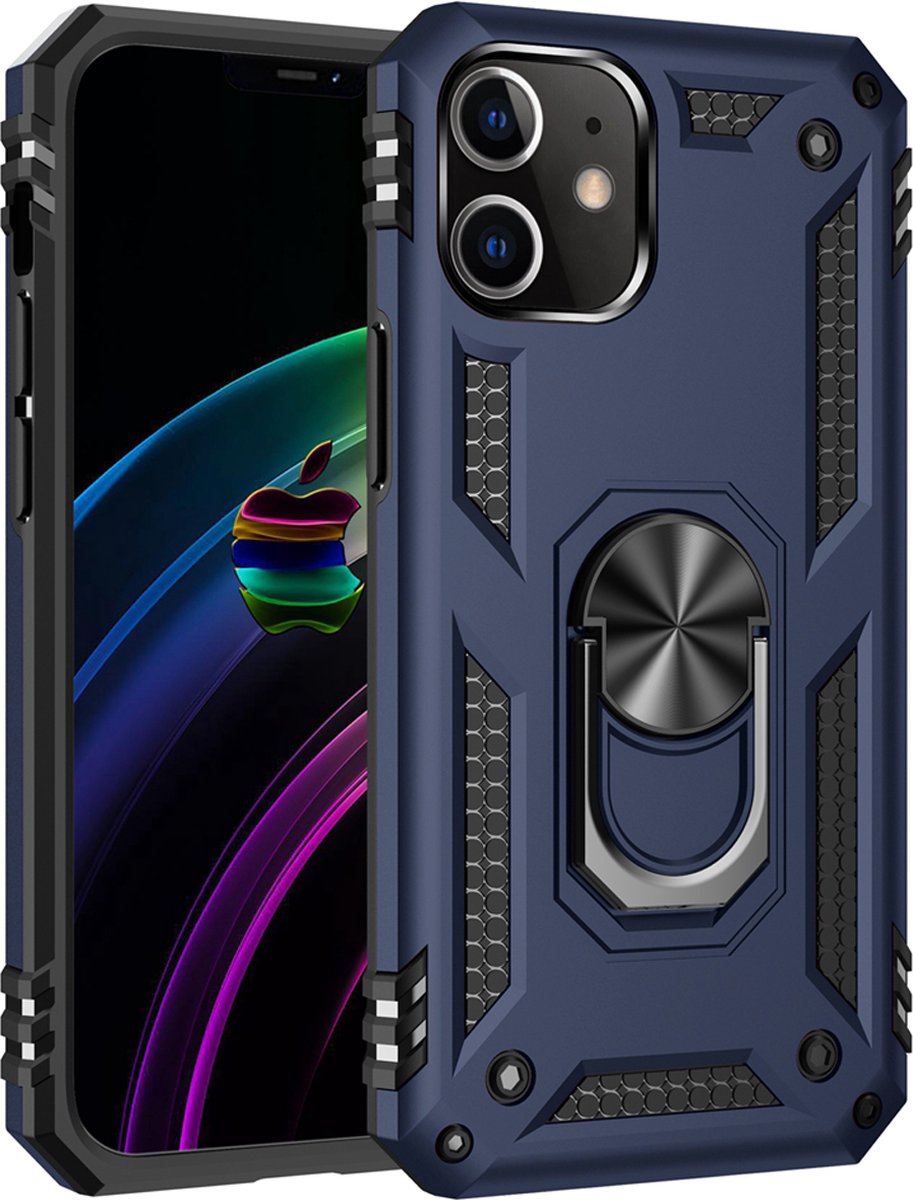 MobyDefend Hoesje - Geschikt voor iPhone 12 / 12 Pro - Pantsercase Met Draaibare Ring - Blauw