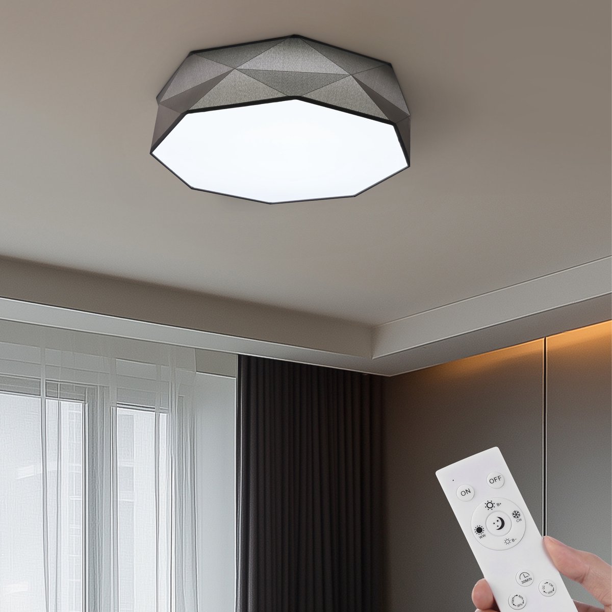 Navaris geometrische plafondlamp met afstandsbediening - Plafondlamp led dimbaar - 52 x 52 x 15 cm - Warm en koud licht - Stoffen plafonnière - Grijs