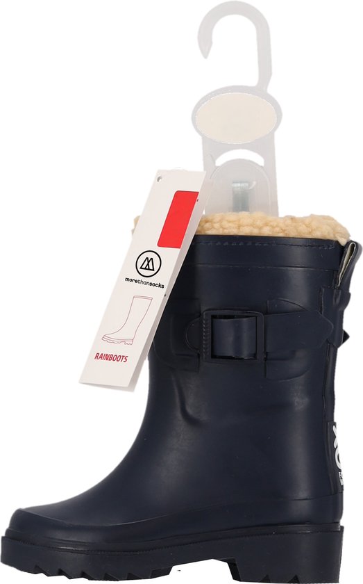 Donkerblauwe regenlaars met imitatiebont voering en gesp. Verpakking met label "RAINBOOTS".