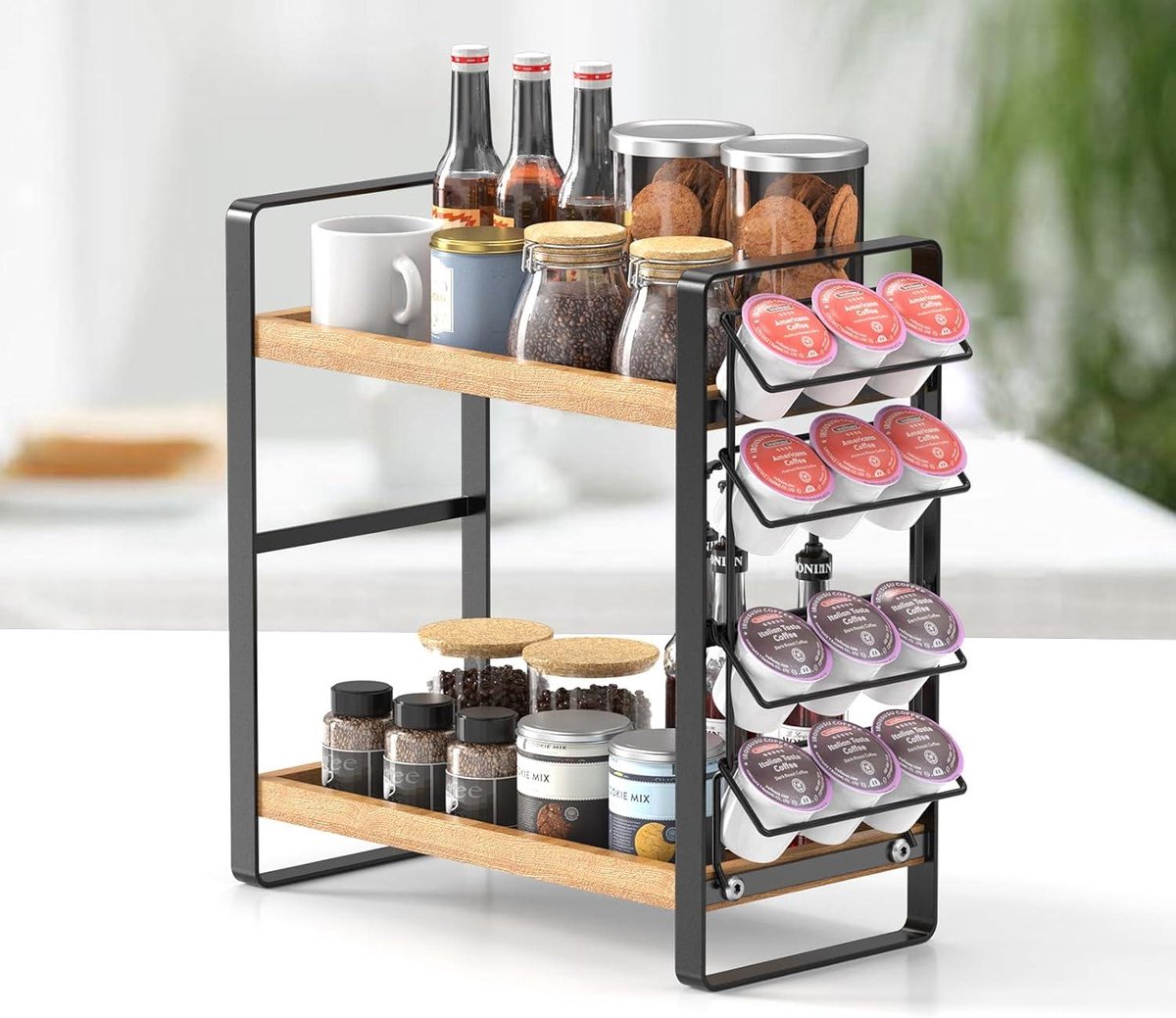 YCIA&DONE Koffiebar accessoires, grote capaciteit opslag organizer met afvoerplank, whisky dienblad, mok & theekop houder, rokerig grijs