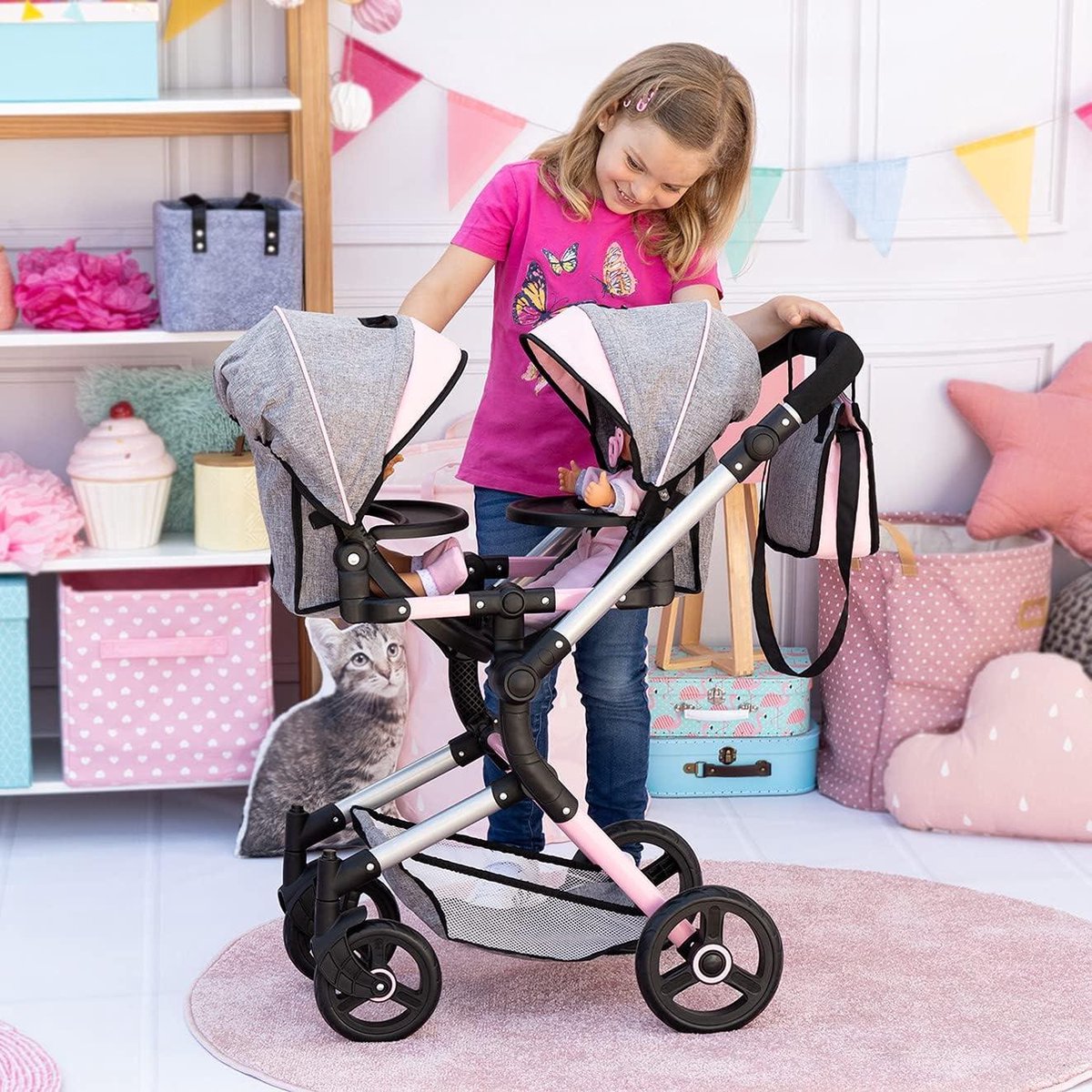 Twin Neo Tweeling poppenwagen verstelbare- zwenkbaar duwstang met tas roze grijs - Voor poppenmoeders Duo kinderwagen — afbeelding 6