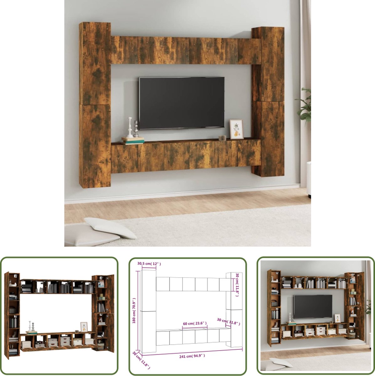 The Living Store Klassieke Televisiekastenset - Bewerkt Hout - Wandgemonteerd - Gerookt Eiken - 6x60x30cm - 4x30.5x30x90cm