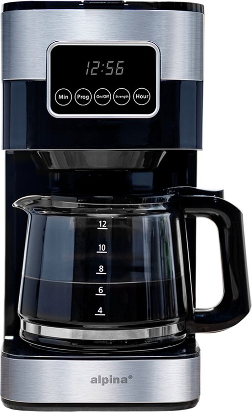 alpina Koffiezetapparaat - Filterkoffie - 1.5L/ 12 Kopjes - Digitaal Display, Timer en Warmhoudplaat - Zwart