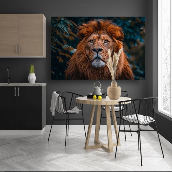 Leeuw wanddecoratie - Dieren schilderijen - Canvas schilderij Bladeren - Muurdecoratie industrieel - Canvas schilderij woonkamer - Kantoor accessoires canvas 120x80 cm