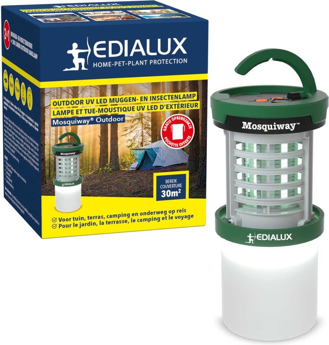 Edialux UV LED insectenverdelger voor buiten, draagbare muggenlamp met hoogspanningsrooster, waterdichte bug zapper, USB oplaadbaar, met ophanghaak, voor tuin, terras, camping en 30 m²