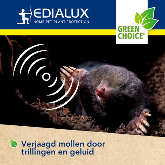 Mol in tunnel met trillingsweergave en tekst "Verjaagd mollen door trillingen en geluid"