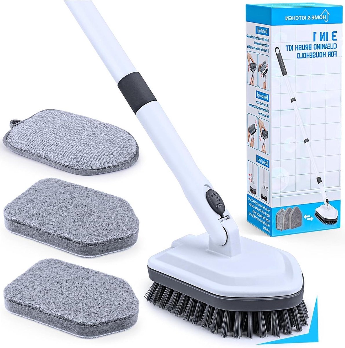Goedkoopste Douche Scrubber Reinigingsborstel met 52 inch Lange Steel - 3 in 1 Schrobborstel - Schuursponsje - Vergrendelknop - Uitschuifbare Kuip en Tegel Scrubbers - Reiniging Badkamer Toilet Vloer - Wastafel schrobber met steel