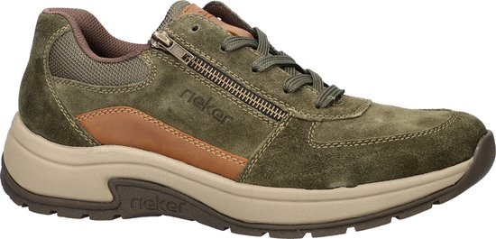 Groene suède Rieker sneaker met rits en bruin leren accent.