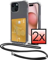 Coque adaptée pour iPhone 15 Plus avec porte-cartes et cordon résistant aux chocs, coque en Siliconen avec cordon de téléphone et porte-cartes – Transparent – Lot de 2