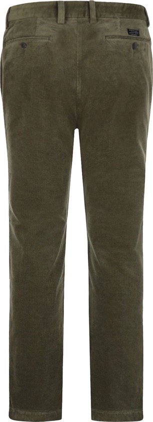 Olijfgroene corduroy chino broek met rechte pijpen en achterzakken. De stof heeft fijne ribbels.