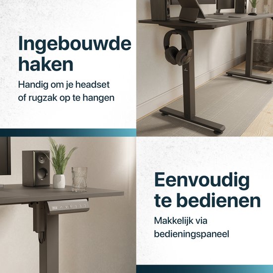 Zwart bureau met ingebouwde haken en bedieningspaneel. "Ingebouwde haken" en "Eenvoudig te bedienen".
