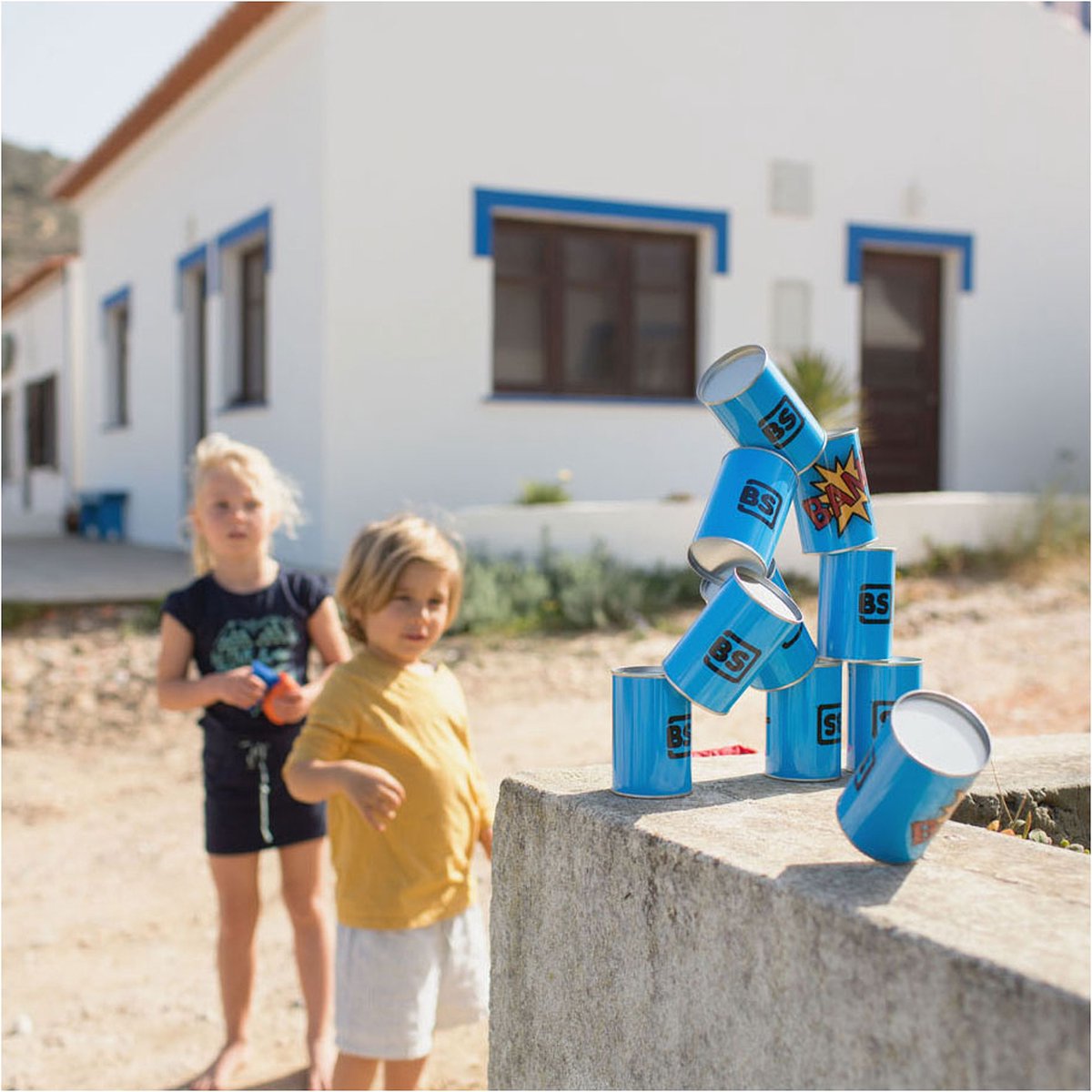 BS Toys Blikgooien Werpspel - Pittenzak Gooien - Kinderspeelgoed vanaf 3 Jaar - Buitenspeelgoed - 10 Blikken - Blauw - Spelletjes voor kinderen - Buiten speelgoed - Buitenspel - Buiten Spellen - Tuin Speelgoed - Cadeau kind — afbeelding 11