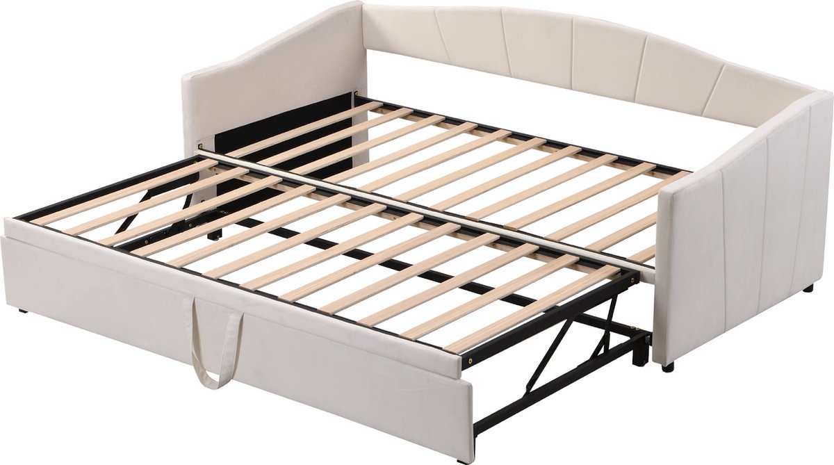 Merax Fluwelen Slaapbank - Uitklapbaar Bed 90/180 x 200 cm met Lattenbodem - Multifunctioneel Gestoffeerd Bed - Beige
