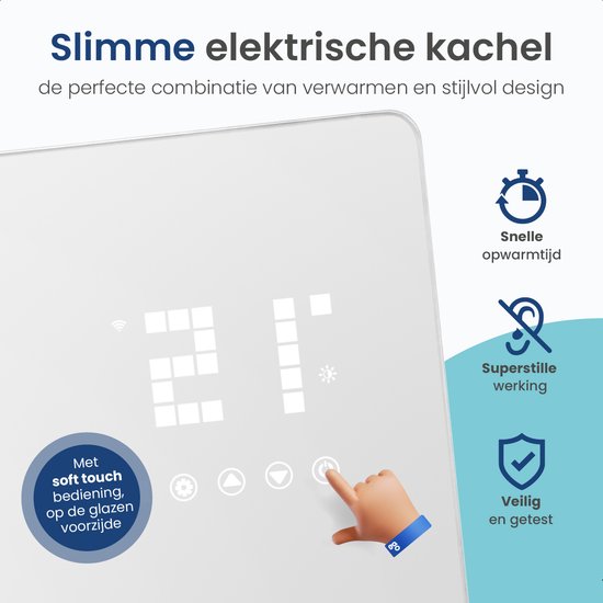 Gologi Elektrische Kachel - Verwarming elektrisch - Convectorkachel met thermostaat - Werkt via App en touch bediening - Tot 25m2 - 2000W Heater - Wit