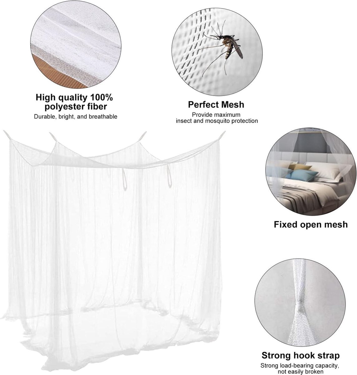 Moustiquaire De Lit Carrée LALAGO 210x220x200cm - Mailles Fines, Polyester Blanc - Pour Chambre Et Camping