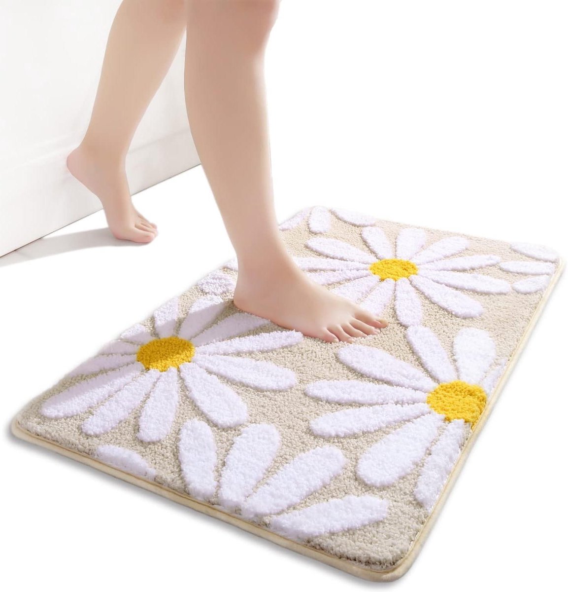 Badkamertapijt schattige madeliefjes - beige antislip badmat - wasbaar - zachte douchemat - absorberend - 50 x 80 cm