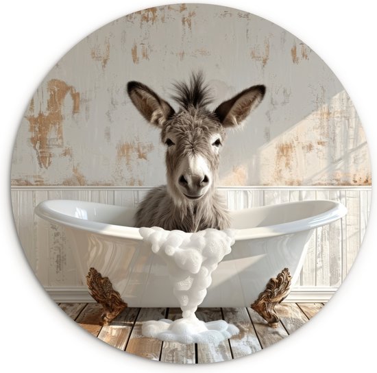 WallCircle® Wandcirkel 90x90 cm - Muurcirkel Ezel - Dieren - Badkuip - Schuim - Humor - Badkamer - Muurdecoratie woonkamer - Wanddecoratie slaapkamer - Kamer decoratie accessoires - Ronde schilderijen - Woonaccessoires binnen cirkel