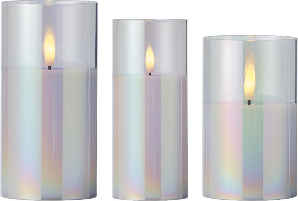 Lumineo luxe LED kaarsen - in glas - 3x st - transparant parelmoer - stompkaarsen - timer - stompkaarsen
