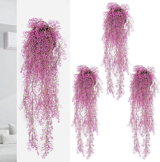 Kunstplanten, hangende kunstplanten, net echt buiten, weerbestendig, 2 stuks, kunstbloemen, balkon, hangplanten, plastic hangplant, kunstbloemen, balkonplanten voor decoratie (paars