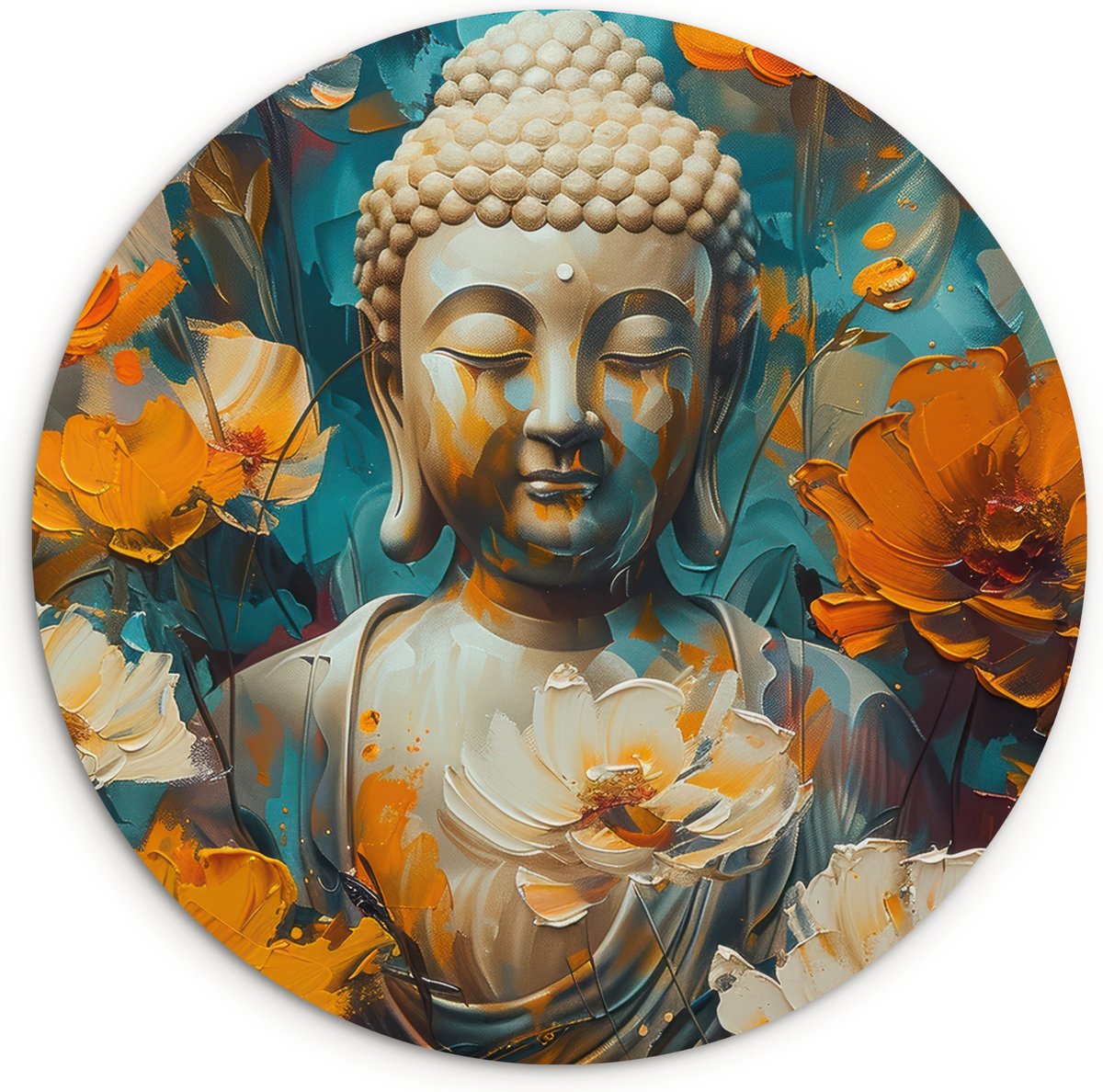 WallCircle Wandcirkel 140x140 cm - Muurcirkel Buddha - Bloemen - Modern - Verf - Kunst - Symbool - Muurdecoratie woonkamer - Wanddecoratie slaapkamer - Kamer decoratie accessoires - Ronde schilderijen - Woonaccessoires binnen