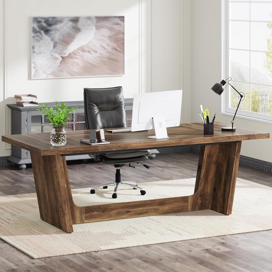 TRIBESIGNS - Computertafel - Bureau - met Massief Houten Voetstuk - Industrieel - Vintage - Bruin - 180 x 79 x 75 cm