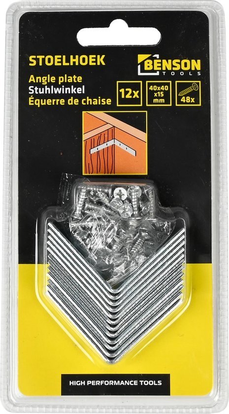 Verpakking Benson stoelhoeken, 12x. Zilverkleurige metalen hoekankers met 48x schroeven. Afmetingen 40x40x15mm. "High Performance Tools".