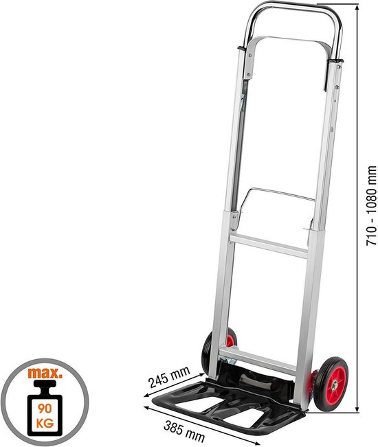 Meister Hand Truck - 90 kg Load Capacity - Folding Load Area - Height-adjustable Handle - with Solid Rubber Treads - Made of High Quality Aluminum/Hand Carry/Transport Trolley / 8985550