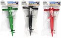 Drie parasolhouders in het groen, zwart en rood, met schroefdraad en handvat.
