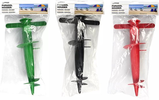 Drie parasolhouders in het groen, zwart en rood, met schroefdraad en handvat.