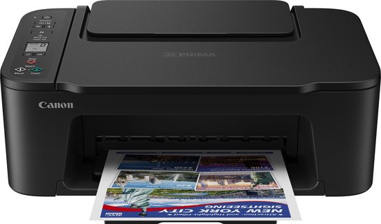 Zwarte Canon Pixma printer met papier in de uitvoerlade.