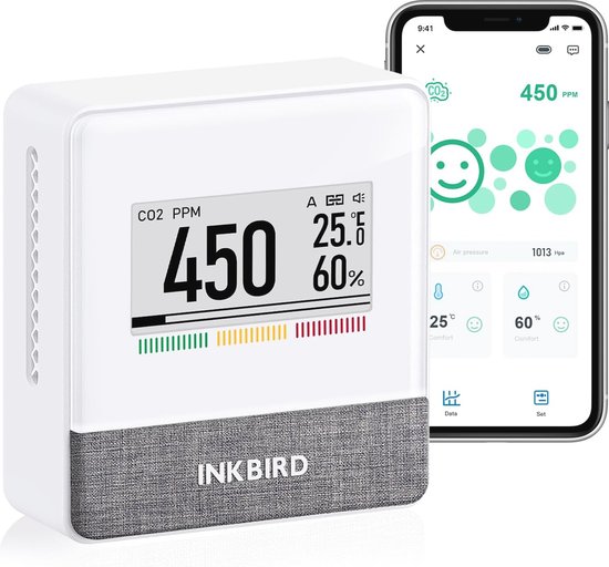 CO2 Meter - Luchtkwaliteitsmeter met Temperatuur, Vochtigheid en Luchtdruk met App Monitoring