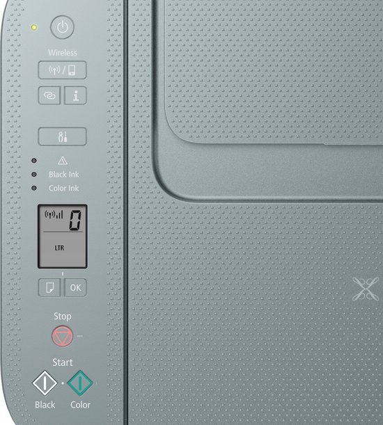 Close-up van het bedieningspaneel van een grijze Canon Pixma printer.