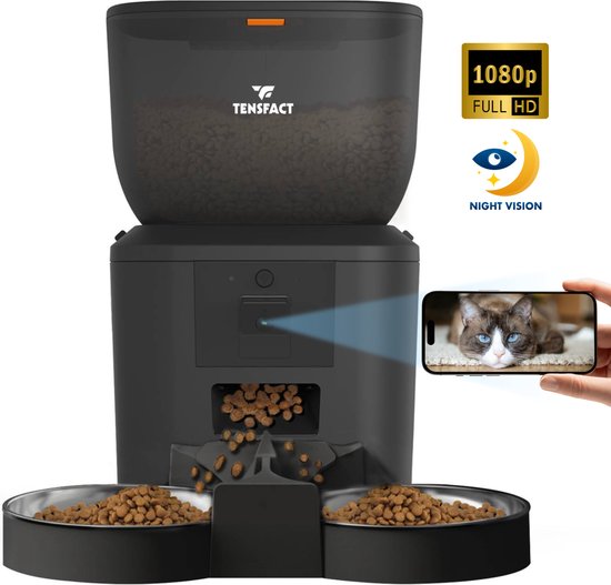 Tensfact Automatische Voerbak Kat en Hond - Premium Voerautomaat Kat met Full HD Camera - Voerbak Kat - Zwart
