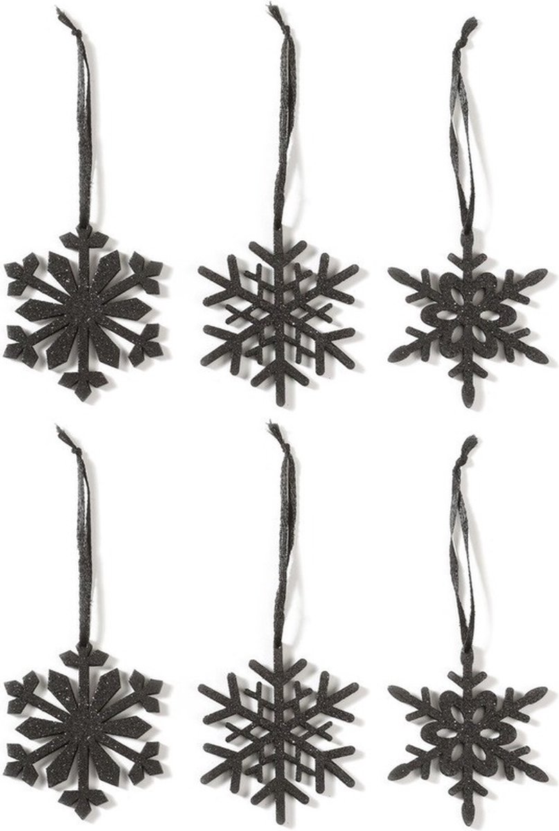 Inge Glas Inge-glas Kersthangers - 6x zwarte sneeuwvlok en ster - 7,5 cm - kunststof - kerstboomversiering