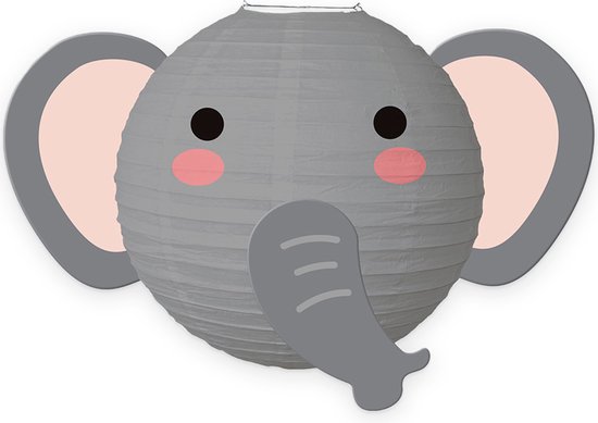 Grijze papieren lampion in de vorm van een olifant met grote oren en roze wangen.