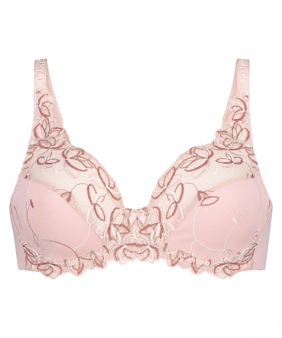 Roze bh met geborduurde bloemen op de cups en langs de bovenrand.