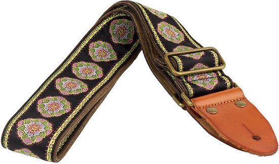 Gaucho GST-1280-9 sangle de guitare, 2 tissages jacquard, brides en cuir avec épingles, boucle en laiton, dos en daim, noir/vert