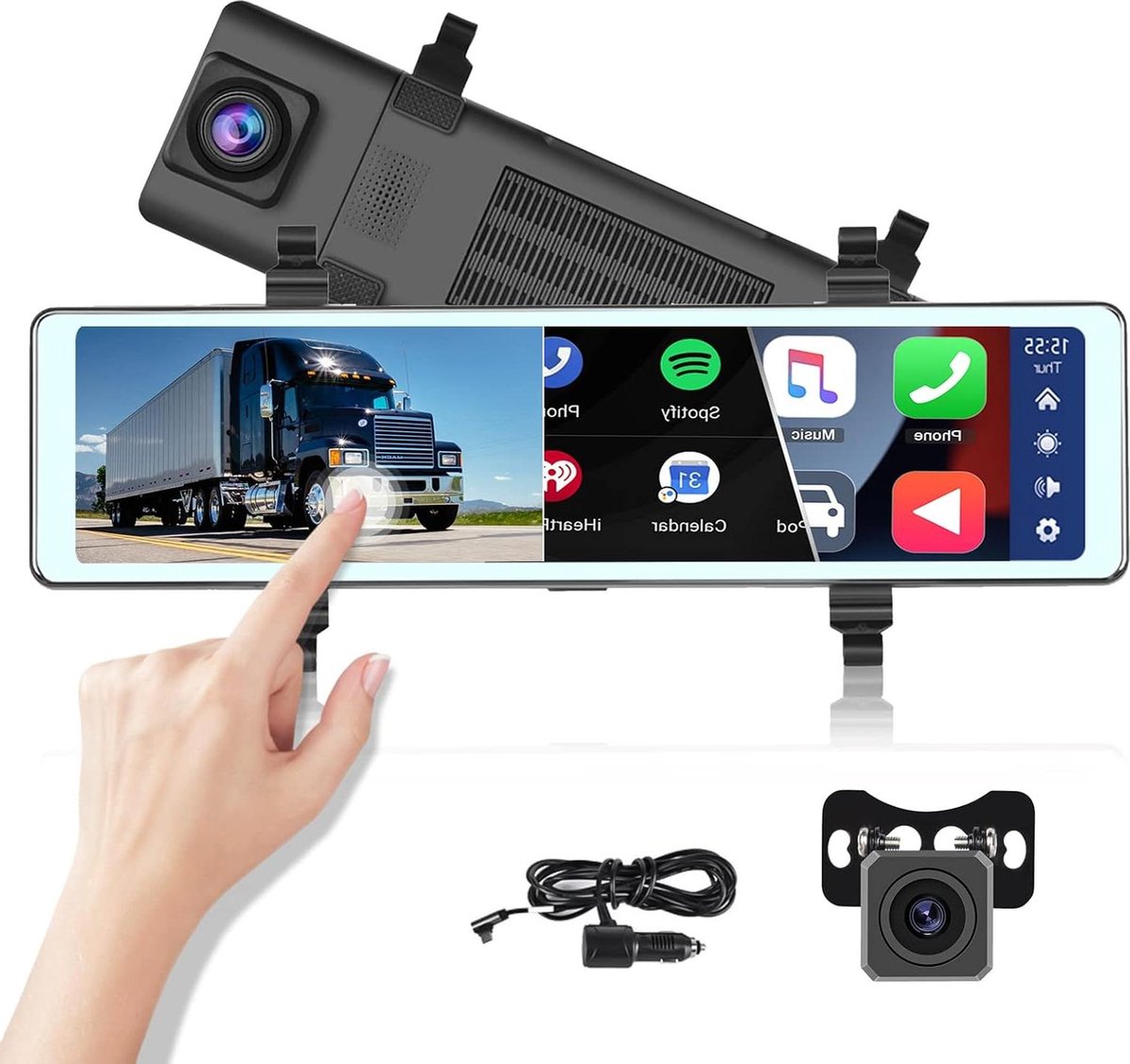 Achteruitkijkspiegel dashcam 11,6 inch CarPlay Android Auto - Achteruitrijcamera IPS-display WDR-opname Bluetooth-FM-AUX 7V-36V