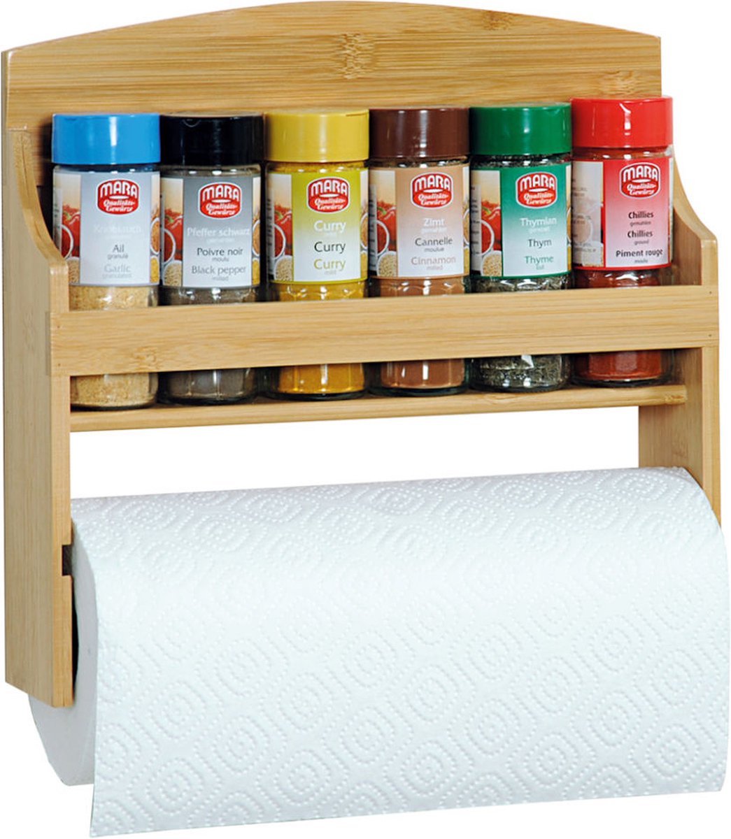FSC® Houten Kruidenrek & Keukenrolhouder - Muur / wand montage - 2in1 Keuken Rol houder & Kruiden Organizer INCLUSIEF 6x Gevulde Kruiden potjes