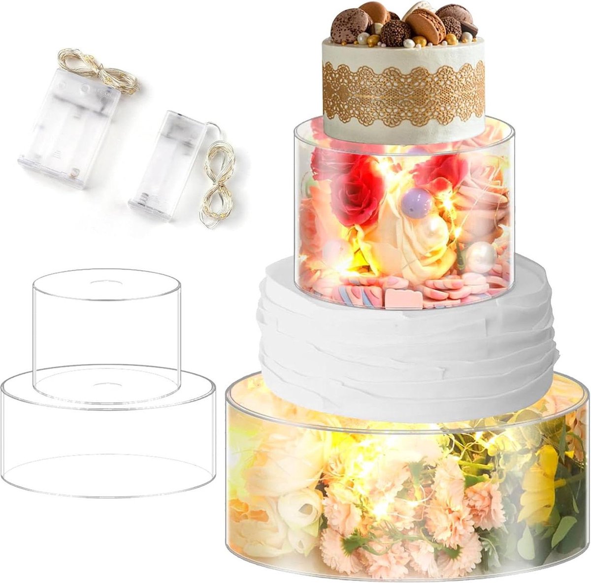 Taartplateau met stolp - Transparante taartstandaard - Ronde taartstandaard van acryl - Stapelbaar met ledlampen - Oplaadbaar - Taartverhoger voor bruiloft - Verjaardagsfeest Taartplateau met stolp