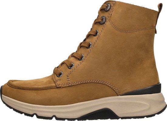 Bruine hoge veterschoen, zijaanzicht, met veters, rits en witte zool.