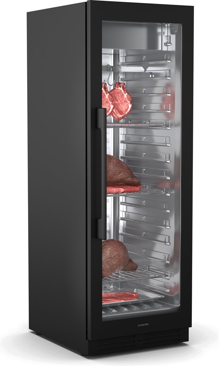 Klarstein 352L vleesrijpkast met temperatuur- en vochtigheidsregeling, UVC-verlichting, touchscreen bedieningspaneel, dubbelwandige deur, LED-display, zwart - 71 cm 92 kg - RVS - voor Restaurant