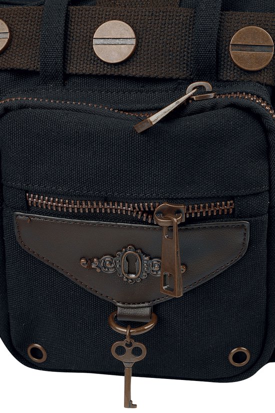 Zwarte tas met bruine ritsen en een decoratieve sleutel en sleutelgat.