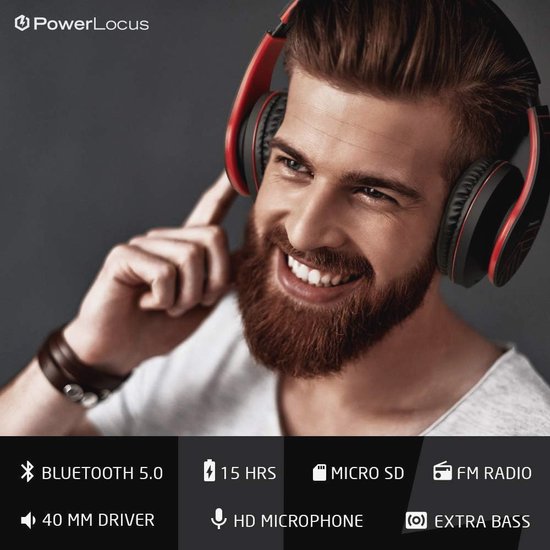 Draadloze Over-Ear Koptelefoon met Microfoon, Micro SD Slot en FM Radio - Inklapbare Bluetooth Hoofdtelefoon voor Smartphone, Tablets, Laptops en TV (Zwart/Rood) — afbeelding 4