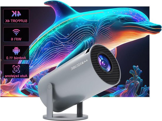 Mini-beamer Auto Keystone 4K/200 ANSI projector met wifi 6 BT 5.0 - Draagbaar, 130 inch scherm, 180 graden rotatie - Geïntegreerd Android-besturingssysteem 11.0 Beamer