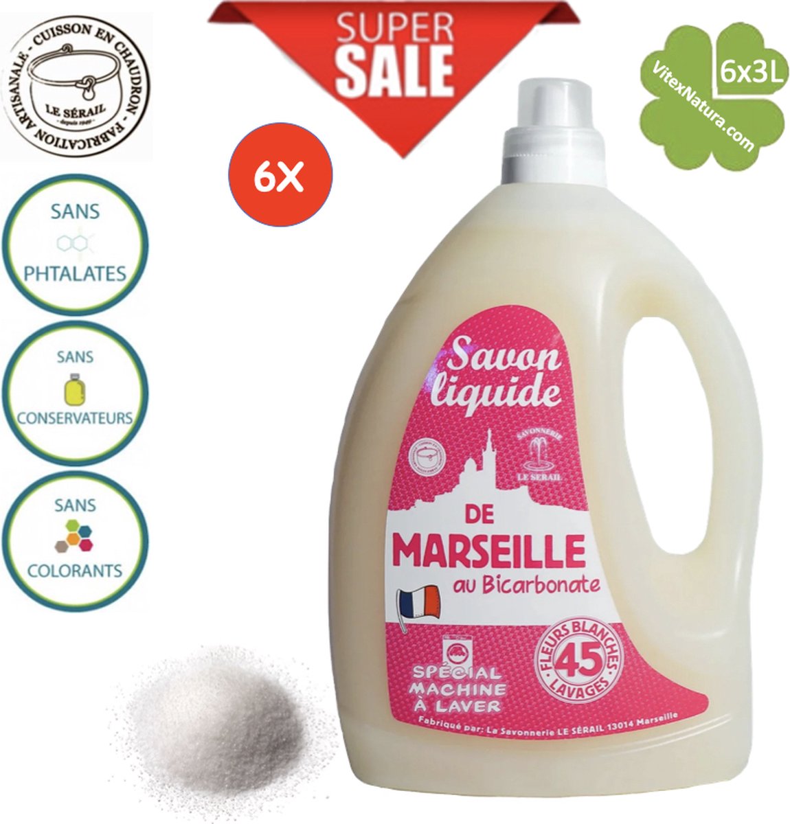 Goedkoopste Marseillezeep | vloeibaar wasmiddel met natriumbicarbonaat 6x3L | met een subtiele witte bloemen geur | Le Serail