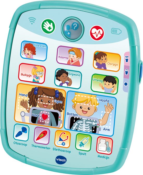 De doos van de VTech Verzorg & Leer Doktersset, met afbeeldingen van kinderen en speelgoed.
