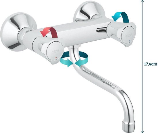 Chromen kraan met twee handgrepen, gebogen uitloop en pijltjes die rotatie aangeven. Afmeting 17,4 cm.